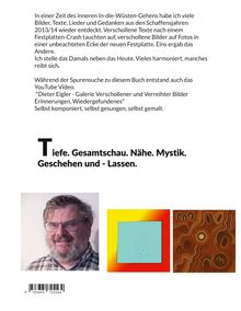 Text oben: Reflexion über Bilder und Texte nach Festplatten-Crash.  
Mittig: "Tiefe. Gesamtschau. Nähe. Mystik. Geschehen und - Lassen."  
Unten: Drei Bildteile, von links: Porträt eines Mannes, abstrakte Kunst mit blauem Rechteck, braun gemusterte Fläche.  