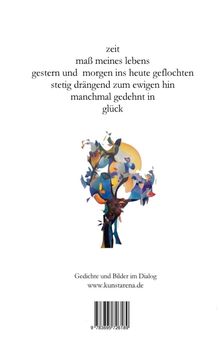Gedicht über "Zeit", gewebt zwischen gestern und morgen. Unten eine bunte abstrakte Illustration, wirkt wie Pflanzen.