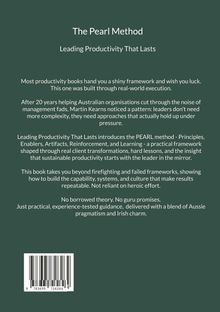Text: "The Pearl Method: Leading Productivity That Lasts." Buchrückentext über reale Erfahrung und pädagogischen Ansatz.