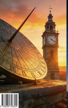Römische Ziffern auf einer Sonnenuhr, im Hintergrund ein Uhrturm bei Sonnenuntergang.