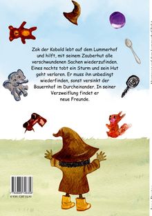 Text: Zok der Kobold lebt auf dem Lummerhof... In seiner Verzweiflung findet er neue Freunde. Illustration: Kobold mit Zauberhut, Tiere.