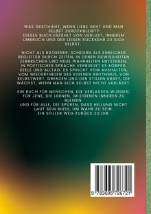 Texte über Verlust, inneren Umbruch und Rückkehr zu sich selbst. Farben verlaufen von gelb und grün zu dunkel. Barcode.