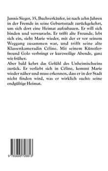 Ein Text beschreibt Jannis Sieger, der nach 10 Jahren zurückkehrt. Er sucht Heimat, trifft alte Freunde und erlebt innere Konflikte. Darunter ein Barcode.