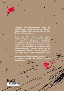 Text beschreibt ein Buch mit schwarzem Humor über chaotische Ereignisse. Hintergrund ist beige mit roten und schwarzen Spritzern.