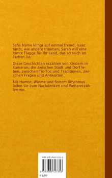 Text auf gelbem Hintergrund: Geschichten von Kindern in Kamerun zwischen Stadt und Dorf, Tradition und Moderne. Preis: € 9,90