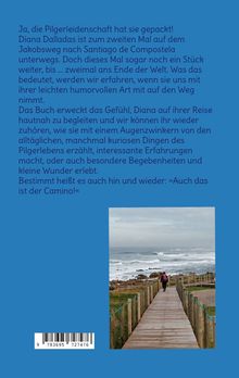 Text über Diana Dalladas' Reise auf dem Jakobsweg. Unten ein Barcode. Bild zeigt Steg am Meer mit Person.