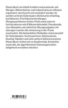 Ein Text beschreibt ein Buch über effiziente Datenorganisation, Datentypen und Suchstrukturen mit Java-Beispielen. Unten ist ein Barcode.