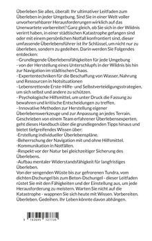 Text über einen umfassenden Überlebens-Leitfaden: Fähigkeiten, Notfallplanung, mentale Stärke. Barcode unten.