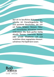 Ein Text über Vierzeilergedichte, Politik, Religion, Konsum. Hintergrund: türkis-weiße Muster. Barcode und Preise darunter.