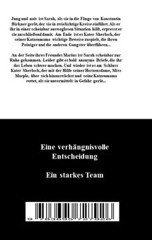 Ein Romantext über Sarah, die in Gefahren gerät, und der Kater Sherlock, der ihr hilft. Darunter ein Barcode.