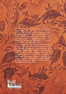 Text: Beschreibung eines Kriminalromans von Ulrich E. Schonach. 
Hintergrund: Dunkelrote, florale Ornamente.