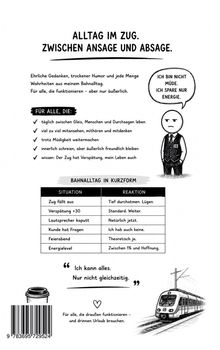 Ein Buchcover mit Text: "Alltag im Zug. Zwischen Ansage und Absage." Eine Tabelle mit Situationen und Reaktionen, Zug, Person.