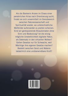Ein Text beschreibt die Suche einer Bankerin nach Orientierung zwischen Wissenschaft und Spiritualität, während ein Barcode unten ist. Der Hintergrund hat bläuliche und beige Töne mit Lichtreflexen.