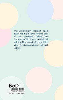 Text über Fremdsein und Heimat. Helle Pastellkreise auf mintgrünem Hintergrund. Preisangaben und Barcode unten.