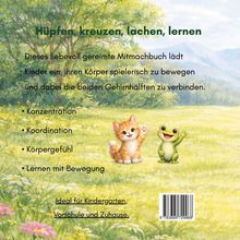 „Hüpfen, kreuzen, lachen, lernen“ beschreibt ein Mitmachbuch. Illustration: Katze und Frosch auf Blumenwiese.
