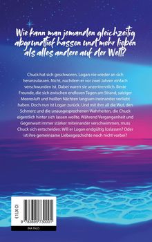 Oben steht: „Wie kann man jemanden gleichzeitig abgrundtief hassen und mehr lieben als alles andere auf der Welt?“ Darunter ist ein Text über Chuck und Logan. Unten ist eine ozeanische Illustration in Lila und Blau.
