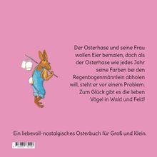 Der Osterhase und seine Frau wollen Eier bemalen, doch gibt es ein Problem. Zum Glück helfen die Vögel. Illustration: Osterhase in Latzhose mit Stock und Eimer.