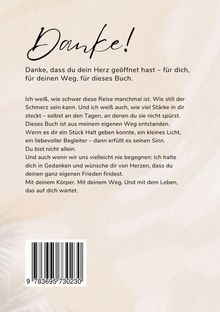 "Danke! Danke, dass du dein Herz geöffnet hast – für dich, für deinen Weg, für dieses Buch." Text in schwarzer Schrift auf hellem Hintergrund. Unten ein Barcode.