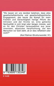 Zitat von Karl Rahner über gesellschaftskritisches Engagement der Christen. Roter Hintergrund mit Barcode.