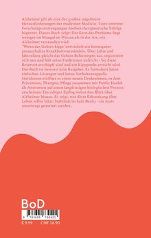 Alzheimer wird als ungelöste Herausforderung beschrieben, mit Fokus auf Prävention und längerfristige biologische Prozesse. Unten links sind Preisangaben. Das Design hat wellenförmige Farbübergänge in Rosa und Rot.