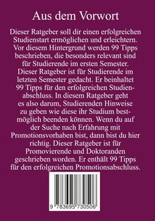 "Aus dem Vorwort": Ein Ratgeber mit 99 Tipps für Studierende, vom Studienstart bis zur Promotion. Unten ein Barcode.