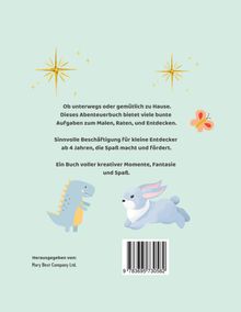 Ein Abenteuerbuch für Kinder ab 4 Jahren mit Malen, Raten und Entdecken. Illustration von Dino, Hase, Schmetterling.