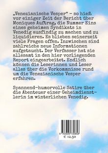 Text über einen Bericht namens "Venezianische Vesper". Humorvolle Satire über Abenteuer im winterlichen Venedig. Himmel im Hintergrund.