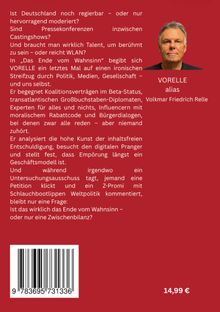Ein roter Buchrücken mit Texten zu Politik und Medien. Rechts ein Porträt eines Mannes, darunter steht: "VORELLE alias Volkmar Friedrich Relle". Unten ein Barcode und "14,99 €".