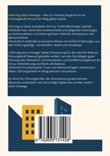 "Führung ohne Umwege" beschreibt praxisnahes Wissen für Führungskräfte. Gebäudeillustrationen und ein Barcode sind sichtbar.