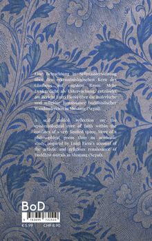 Ein Text beschreibt eine Reflexion über den Glauben, inspiriert von Luigi Fieni und buddhistischen Wandmalereien in Mustang. Der Hintergrund zeigt ein blaues, florales Muster.
