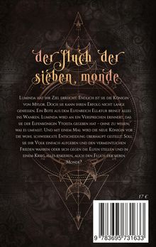 „Der Fluch der sieben Monde“. Luminda ist Königin von Mylor, doch ein Bote stört den Frieden. Barcode unten rechts.