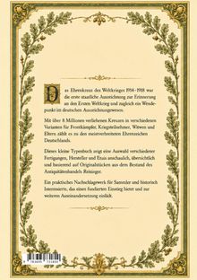 Text umrahmt von dekorativen Eichenblättern. Beschreibung des Ehrenkreuzes des Weltkrieges 1914–1918.
