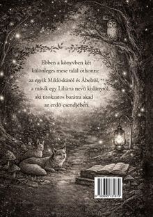 Zwei besondere Märchen über Miklós, Ábel und Liliana. Illustration mit Eulen, Füchsen, Büchern und einer Laterne.