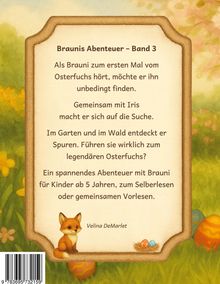 Text über Braunis Abenteuer und die Suche nach dem Osterfuchs. Illustration von einem kleinen Fuchs und Ostereiern.