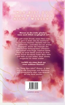 „WER BIST DU?” „DAS WILLST DU NICHT WISSEN.” Rosa Wolkenhintergrund mit goldenen Linien. Text zur Liebesgeschichte.