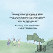 Text: Geschichte über Mut und Vielfalt. Illustration: Drei Hasen, zwei am Seilspringen, auf einer Wiese mit Bäumen im Hintergrund.