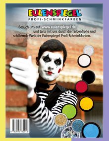 "Eulenspiegel Profi-Schminkfarben" Logo oben. Ein bemalter Mime in Streifenhemd, umgeben von bunten Schminkfarbtöpfen.