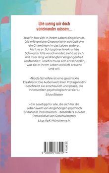 Buchrückseite mit Text: Josefins Leben als Ghostwriterin wird durch das Verschwinden ihrer Schwester aufgewühlt; gefolgt von Zitaten.