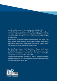 Blauer Hintergrund mit weißem Text über effektives Lernen und das LernTurbo System. Unten links steht der Preis € 17,90/CHF 25,90.
