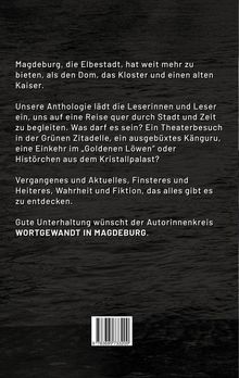 Text über eine Anthologie in Magdeburg mit verschiedenen Themen. Logo: WORTGEWANDT IN MAGDEBURG, ISBN unten. Schwarzer Hintergrund.