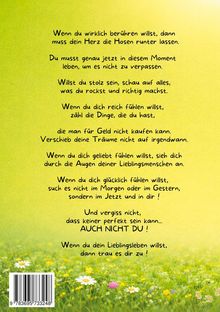 Texte über das Leben und Selbstvertrauen auf grünem Hintergrund mit unten abgebildeter Blumenwiese und Barcode.