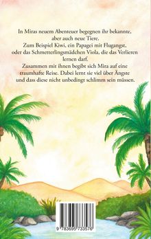 Text: Miras neues Abenteuer mit Tieren und Ängsten. Illustration: Palmen, Fluss und Hügel in einer tropischen Landschaft.