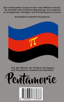 Text: "Pentamorie", beschreibt eine Beziehung in Fünfecksform. Illustration: Flagge mit blauen, roten, schwarzen Streifen, Pi-Symbol.
