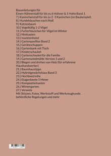 Liste von Bauanleitungen für diverse Tierbehausungen und Gartenprojekte, inklusive Hilfen und Vorschriften.
