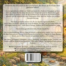 Text erinnert an Geschichten der Kindheit. Illustration: Waldlandschaft, Blumen, ein kleiner Bär schaut neugierig aus der Höhle.