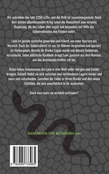 Text über eine zukünftige Welt, Intrigen und Liebe. Im Hintergrund ein Schlangenmotiv auf Steinmuster.