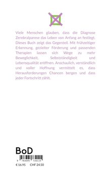 Text über Hoffnung bei Zerebralparese, Preisangabe in Euro und CHF. Oben ein Logo mit grünem Kreuz und lila X.