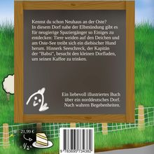 Text beschreibt ein norddeutsches Dorf nah der Elbmündung mit Tieren und einem Kapitän. Illustration von Schaf und Wiese.