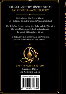 "Erinnerung ist das einzige Parfüm, das seinen Flakon überlebt." Unten ein goldenes Logo mit Flakon und Pflanzenzweig.