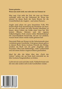 Ein humorvoller Text über das Angeln als kreative, unsterbliche Freizeit. Barcodesymbol unten links. Sandfarbener Hintergrund.